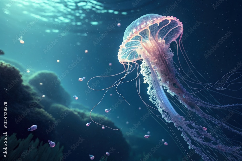 Naklejka premium Graceful jellyfish dance beneath ocean waves underwater scene nature photography serene aquatic environment close-up view marine life exploration