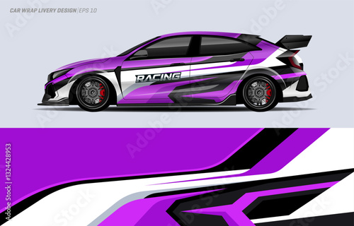 car livery graphic design. racing stripe graphic design with purple color combination for vehicle vinyl wrap and sports car, racing car, rally and sticker.