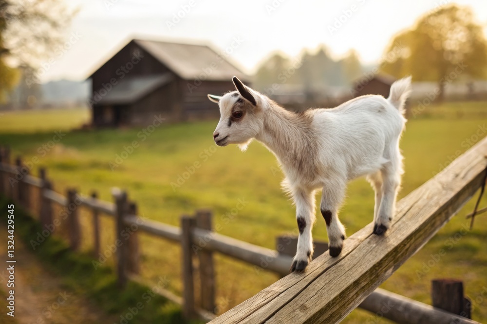 Obraz premium Playful goat balancing on a fence serene farm landscape animal photography rural setting close-up view nature's beauty