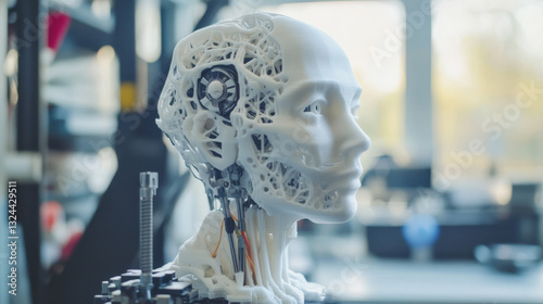 3d printing workshop. 3d printer printed Robot head. Robot parts manufacturing with additive technology. 3d printing equipment, plastic filament, and tools used in engineering and prototyping industry