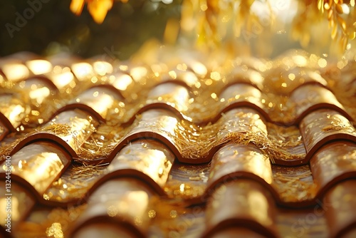 The golden wheat stacks on the roof of the farmhouse