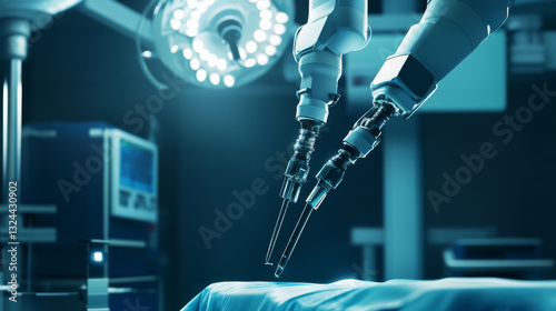 Abstract 3d medical robotic performing surgical operation on patient. Low poly robotic arm and human in dark blue. Innovative medicine, modern medical technology concept. Digital vector illustration
