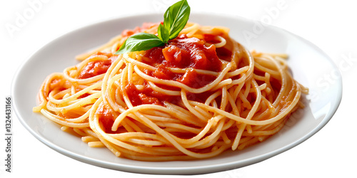 Tomato Spaghetti, a dish of spaghetti with tomato sauce on a white plate, isolated on a transparent background. PNG