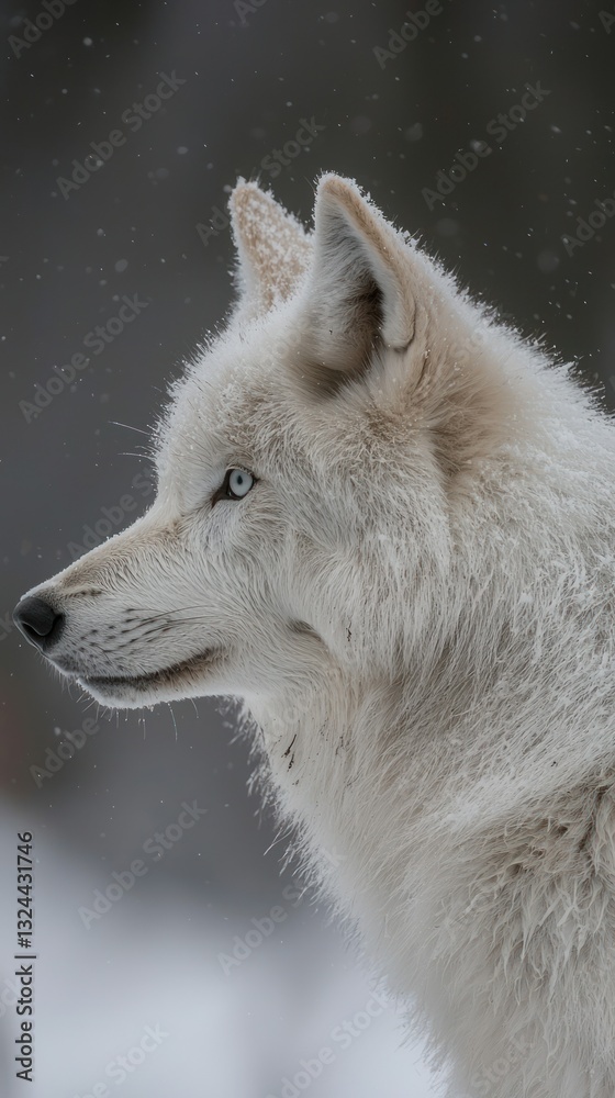 Obraz premium White wolf profile with piercing blue eyes amidst a snowy backdrop