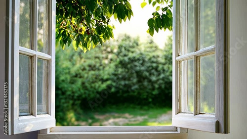 Sunlight spills through open window, illuminating fresh greenery and inviting tranquility
