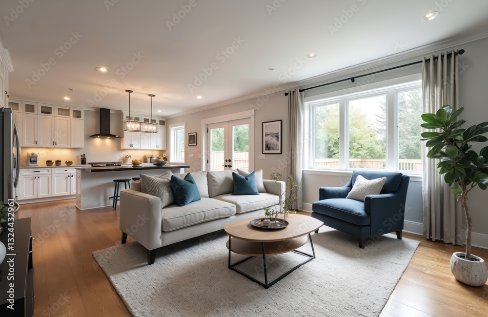 Fototapeta premium Bright living room with open kitchen in modern Canadian home. Beige sofa with blue pillows, cozy blue chair, wood floor and stylish coffee table. New interior design featuring comfort and elegance.