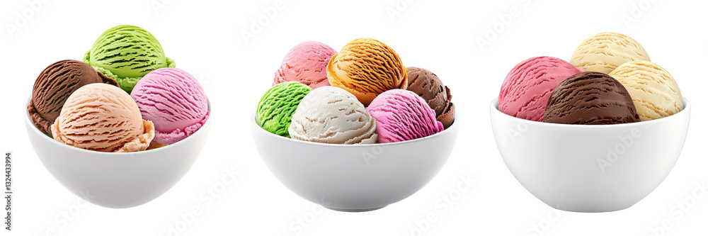 Fototapeta premium Colorful Ice Cream Scoops in White Bowls with Various Flavors and Textures
