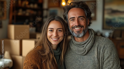 A delighted couple, newly arrived from their international relocation, stands in their living room amidst unpacked cardboard boxes.