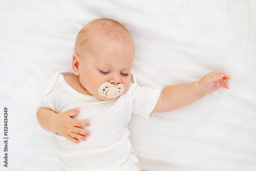 cute little newborn baby sleeping with a pacifier in his mouth under a blanket hugging a plush bunny, sweet healthy baby sleep in a white crib cute little newborn baby sleeping with a pacifier in his mouth under a blanket hugging a plush bunny, sweet healthy baby sleep in a white crib