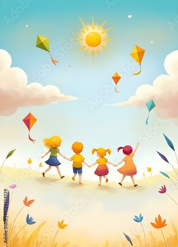 A bright yellow field under a cheerful sun with children playing and colorful kites flying in the sky