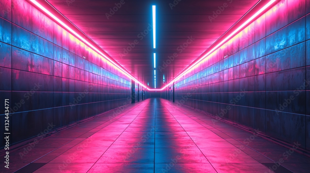 Fototapeta premium Neon-lit urban tunnel with vibrant pink and blue lights creating a futuristic ambiance