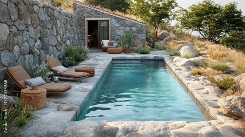 Wallpaper Mural Hillside poolside relaxation, stone patio, tranquil setting Torontodigital.ca