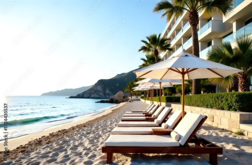 Obraz premium organization of recreation on the territory of a comfortable hotel on the seashore, with a sandy beach and palm trees. tourist destinations for recreation