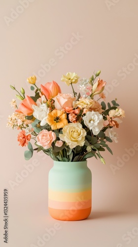 Stunning Pastel Colored Floral Bouquet in a Gradient Painted Vase on a Pink Backdrop