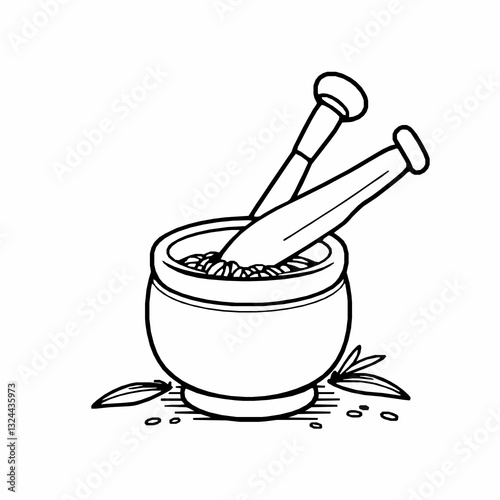 black outline vector of a traditional rice mortar and pestle, representing ancient grain processing techniques