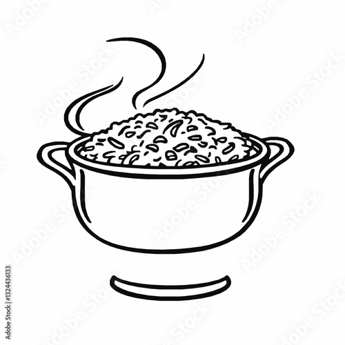 black outline vector of a steaming pot of jasmine rice, showcasing fragrant and traditional cooking