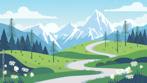 Beautiful road to the mountains vector landscape illustration. Stunning mountain landscape with green meadows, trees, forest, flowers and path. Hiking and traveling concept in the mountains.