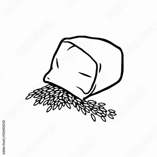 black outline vector of a rice bag with grains spilling out, perfect for agriculture and food packaging