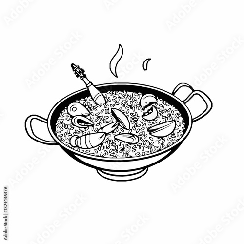 black outline vector of a paella pan with rice and seafood, showcasing Spanish cuisine and traditional cooking