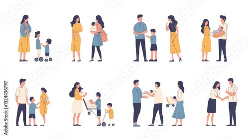 Linear vector isolated illustration set of Family lifestyle activity flat characters. Family maternity paternity leave, happy family, take care of baby, mother and newborn child, father with son.