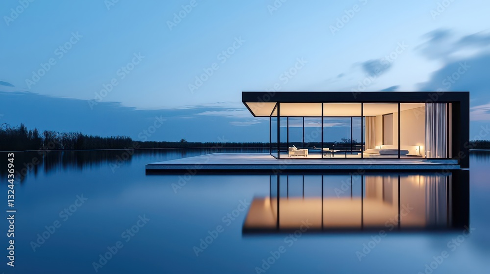A modern glasswalled retreat floating above a calm lake, offering a seamless blend of wellness and nature A modern glasswalled retreat floating above a calm lake, offering a seamless blend of wellness and nature