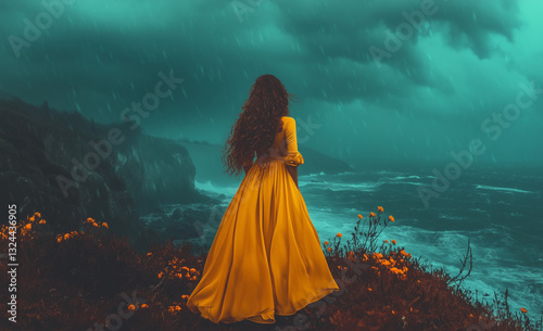 woman in a flowing yellow dress standing on a cliffside during a storm – perfect for book covers, fantasy art, and emotional storytelling visuals