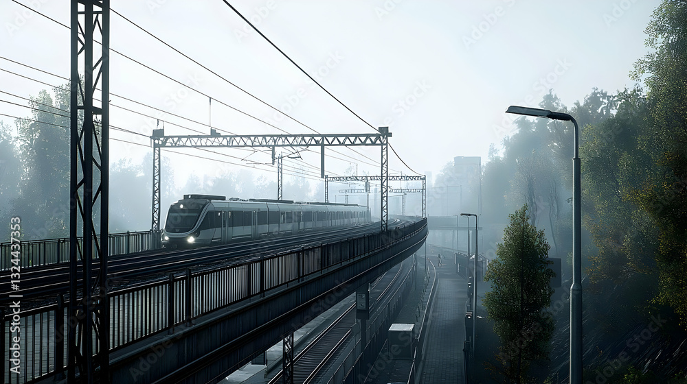 Fototapeta premium Grey Train Traversing Elevated Railroad Bridge Under Overcast Sky With Green Trees and Light Pole in a Misty Environment