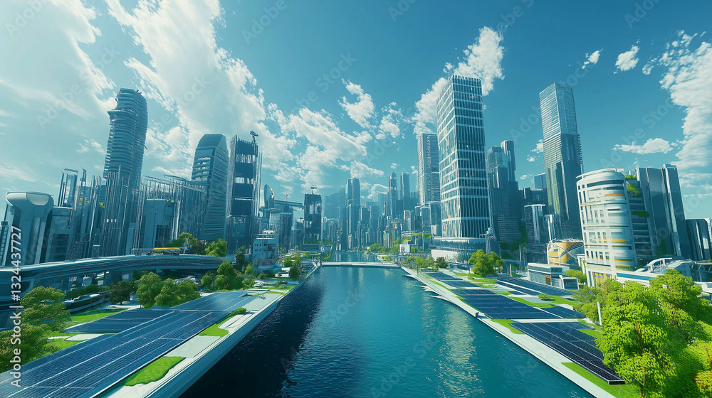 Fototapeta premium Virtual Reality World Showcasing Solar-Powered Smart Cities