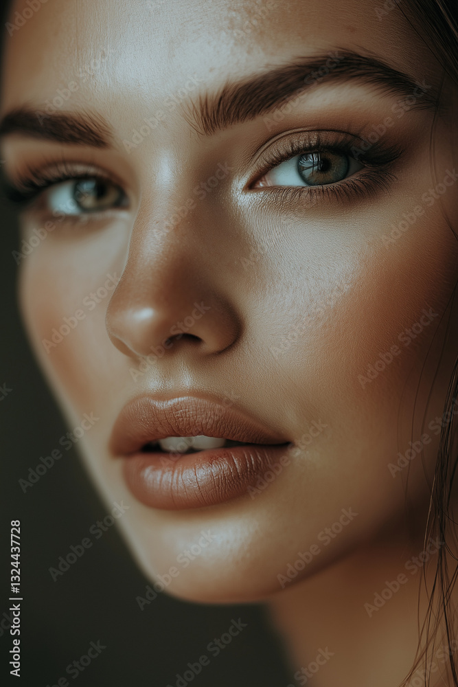 High-Resolution Close-Up Portrait of a Model with Intense Eyes and Luminous Skin High-Resolution Close-Up Portrait of a Model with Intense Eyes and Luminous Skin