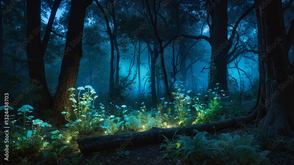 Naklejka premium Enchanted forest illuminated by soft blue light