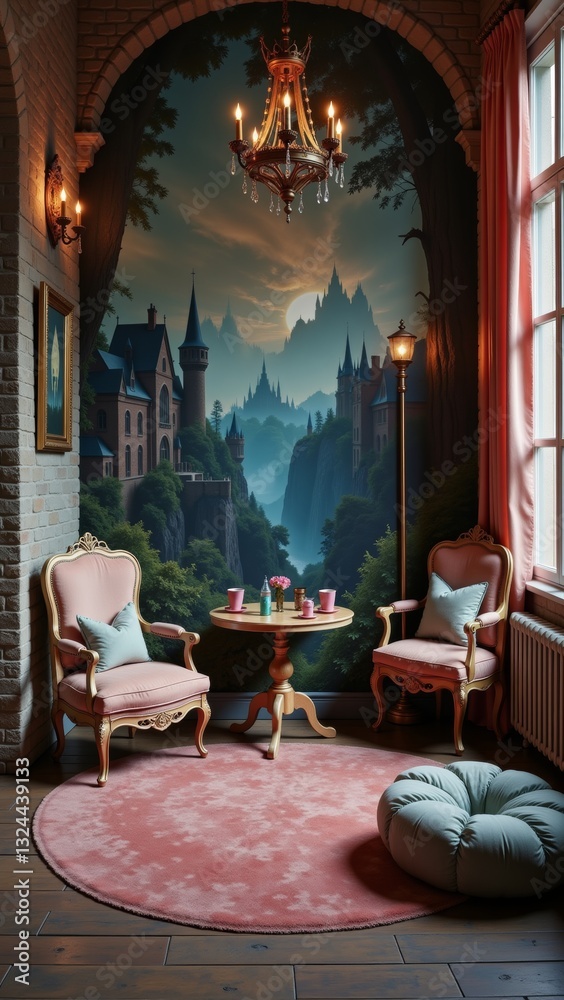 Obraz premium Stunning interior features fantasy castle children's room theme with elegant furnishings and enchanting mural. Concept emphasizes fantasy castle children's room aesthetics for dreamlike spaces