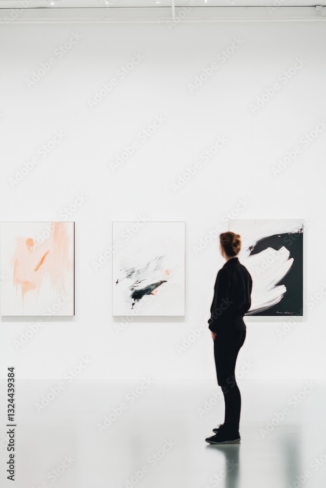 gallery visitor gazes thoughtfully at abstract art pieces on wall standing in clean and spacious exhibition hall with gallery visitor gazes thoughtfully at abstract art pieces on wall standing in clean and spacious exhibition hall with