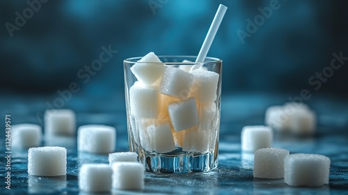 A glass full of sugar cubes, straw included, symbolizes sugary drinks' health risks choose a low sugar lifestyle.