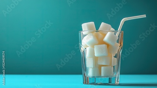 A glass full of sugar cubes, straw included, symbolizes sugary drinks' health risks choose a low sugar lifestyle.