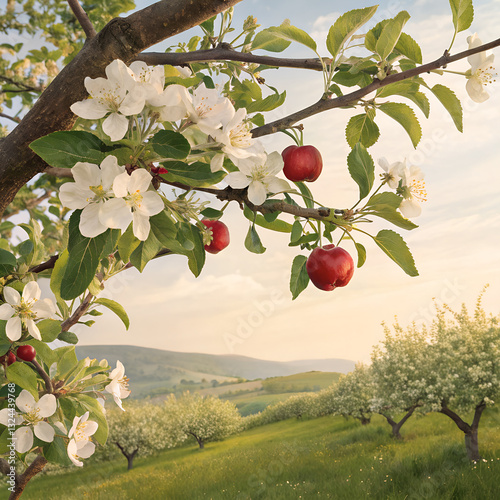 Beautiful Apple tree. Multiple Apples hanging from an Apple tree on a bright blue background. 