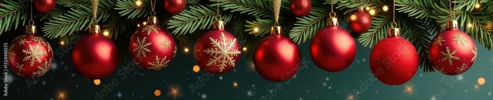 Fototapeta premium Ornate red and gold Christmas balls suspended from a rustic wooden beam, holiday theme, snowflakes, garlands