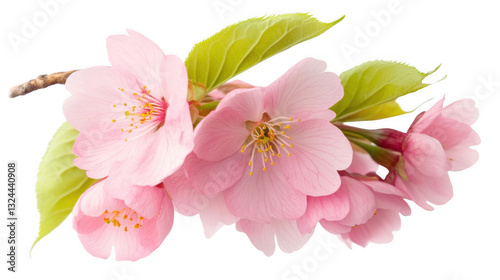 An isolated branch of pink cherry blossoms with vibrant green leaves on a transparent background.