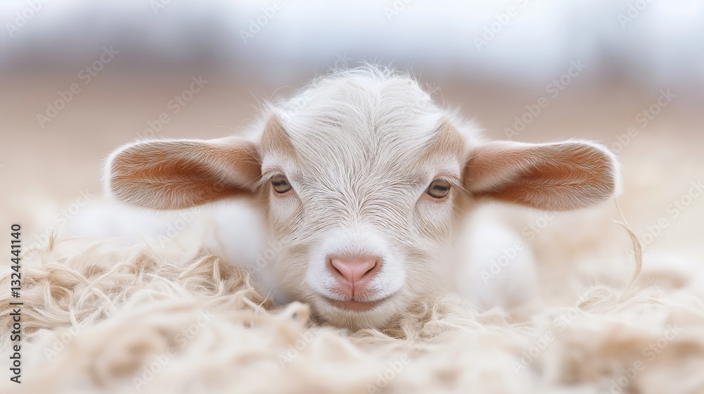 A baby goat is laying on a pile of straw. The goat has a curious look on its face and is looking at the camera A baby goat is laying on a pile of straw. The goat has a curious look on its face and is looking at the camera