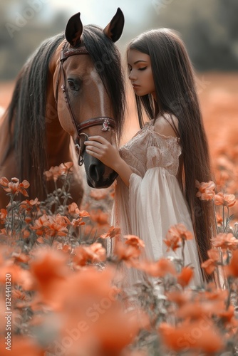 Beautiful female and horse in flower grass field in Spring.