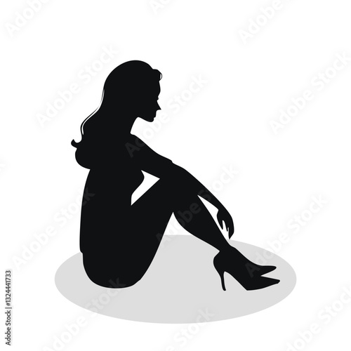 Black silhouettes of women sit leaning on the arm on a white background