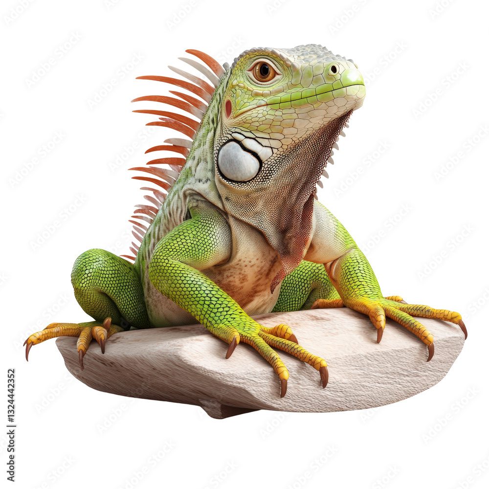 Fototapeta premium Colorful lizard resting on a rock in a natural habitat showcasing its unique patterns and textures under sunlight isolated on a white background.