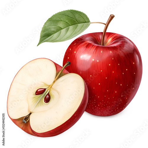 
Apple half with red apple isolated. Apples with green leaves on white background. Red appl with clipping path.