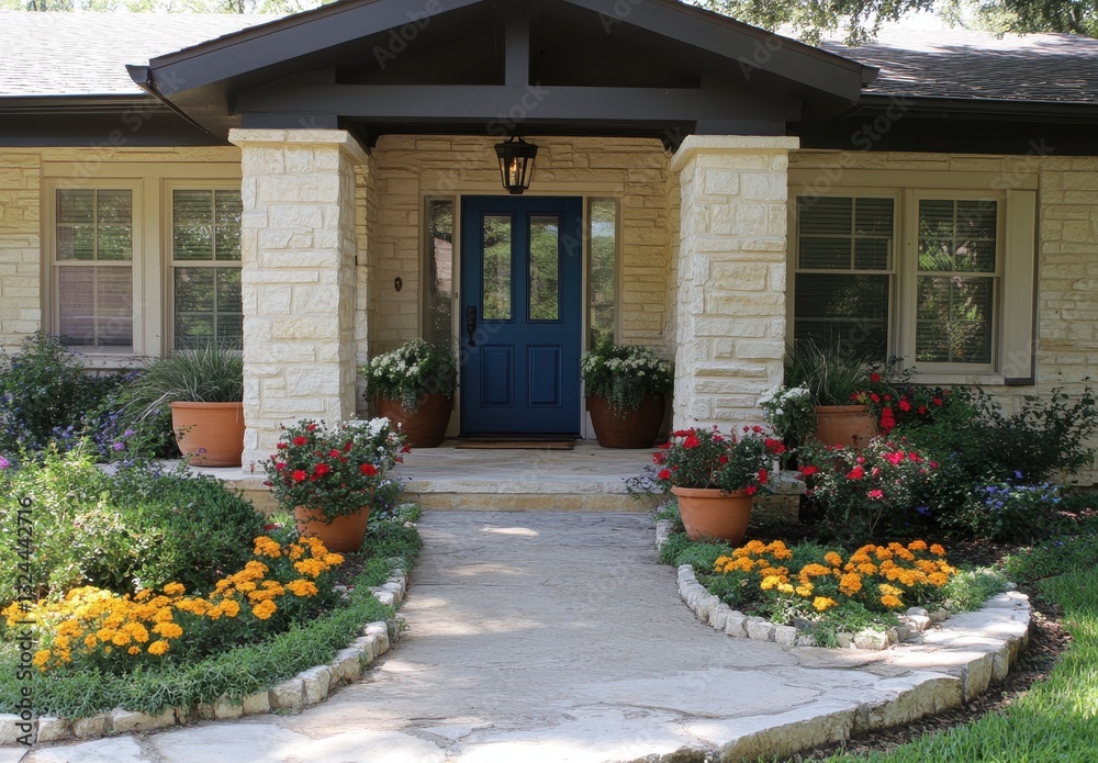 Obraz premium Charming suburban house entrance featuring vibrant flowerbeds, welcoming blue front door, and meticulously landscaped yard with natural stone pathway