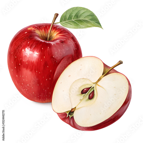 
Apple half with red apple isolated. Apples with green leaves on white background. Red appl with clipping path.