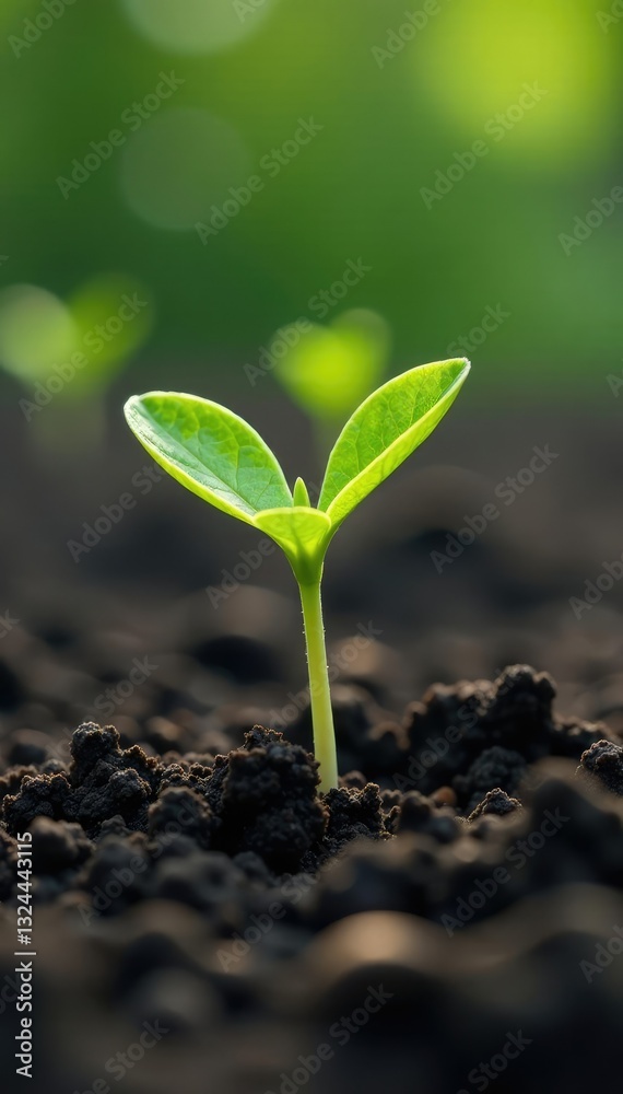 Fototapeta premium Small green sprout pushing through dry and hard dark soil, growth, landscape