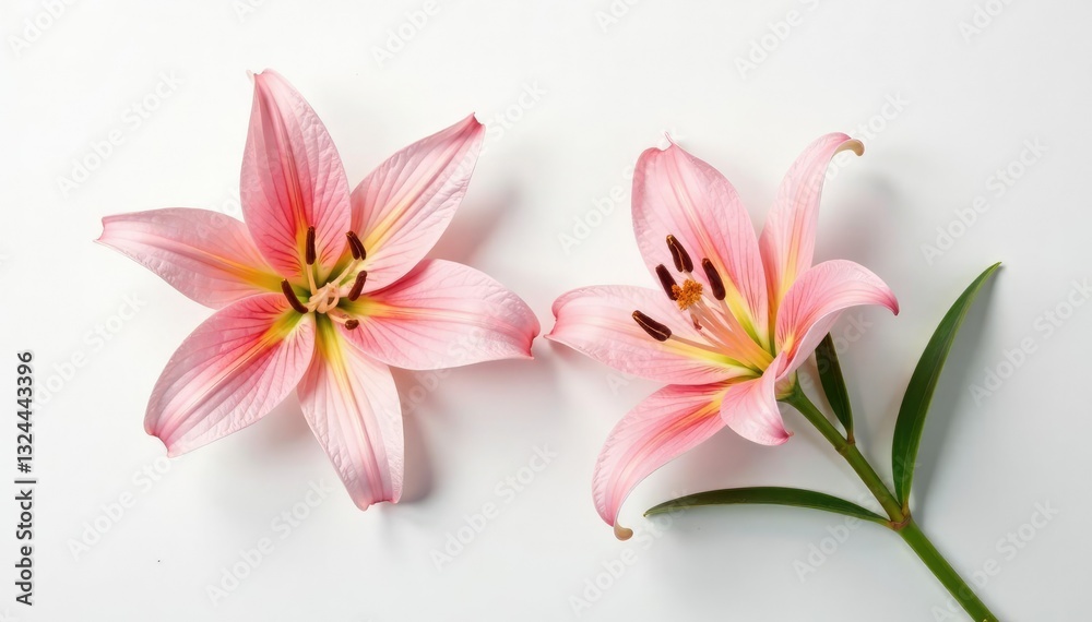 Fototapeta premium Small lily flowers spread wide on a simple white surface, bloom, nature