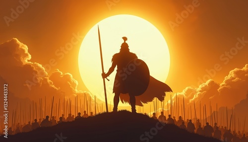 Silhouette of warrior with sword, shield stands atop hill commanding army at orange sunset. Sunlight illuminate scene, evoke biblical story of faith, leadership, power, courage, warfare,