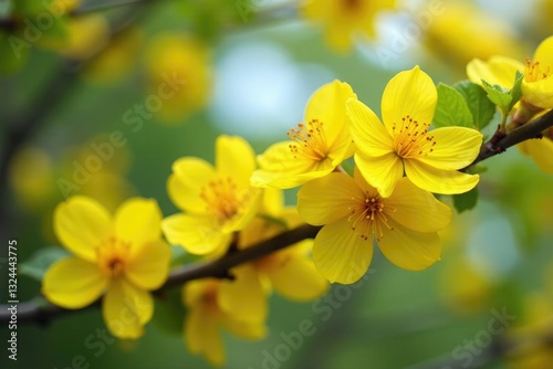 Bright yellow flowers in full bloom on a tree branch, full bloom, blooms, blossomy