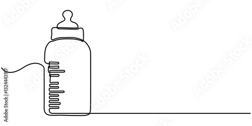 Continuous one line drawing of baby bottle pacifier. One line drawing illustration of baby pacifier. Baby care product concept continuous line art. Editable outline, Baby feeder bottle one continuous.