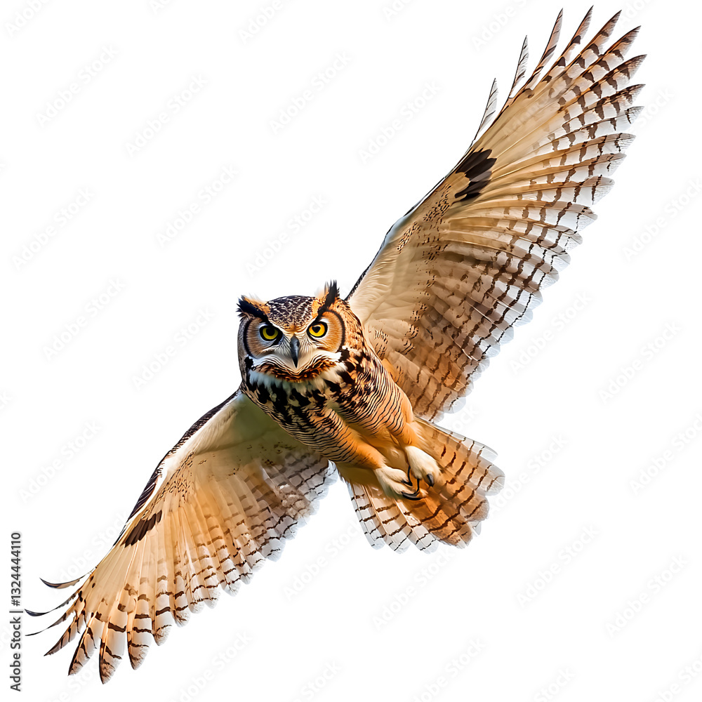 Fototapeta premium Eagle owl flying with spread wings, transparent background